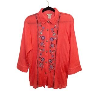 Teddi‎ Embroidered Floral Button Down Gauzy 3/4 Sleeve Coral Top Blouse